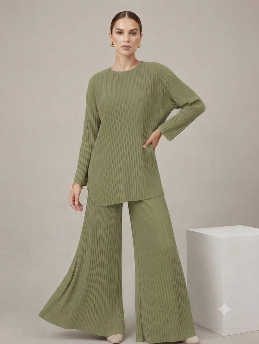 Relaxed Fit Pleated Tunic & Wide leg Pants Set
