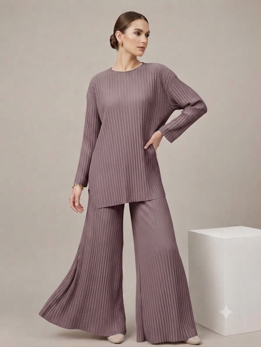 Relaxed Fit Pleated Tunic & Wide leg Pants Set