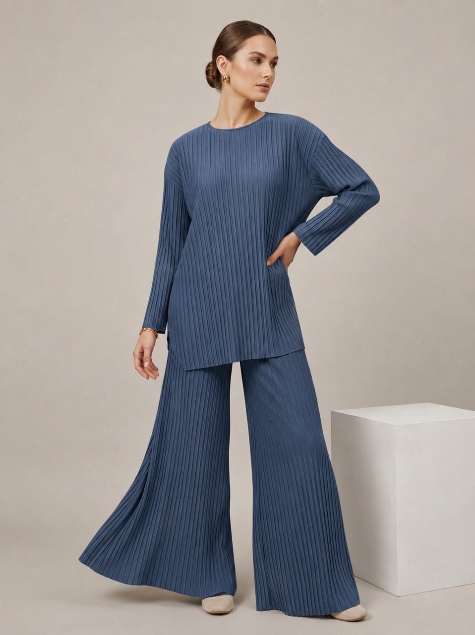 Relaxed Fit Pleated Tunic & Wide leg Pants Set