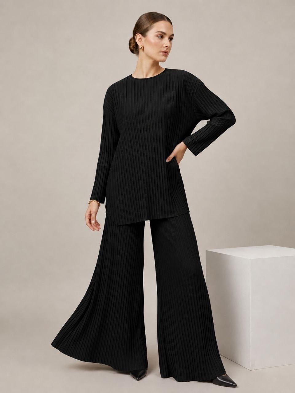 Relaxed Fit Pleated Tunic & Wide leg Pants Set