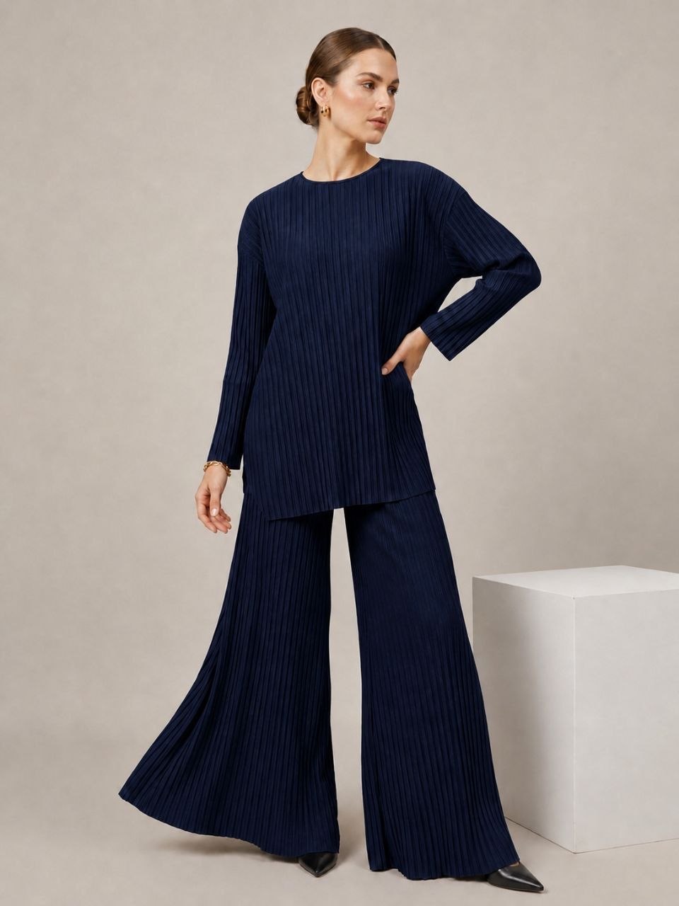 Relaxed Fit Pleated Tunic & Wide leg Pants Set