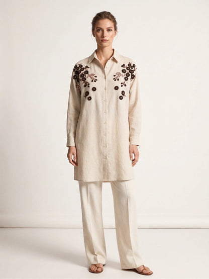 Women Plus size  One Size Floral Embroidered Oversized Shirt
