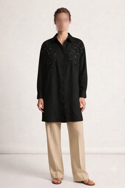 Women Plus size  One Size Floral Embroidered Oversized Shirt