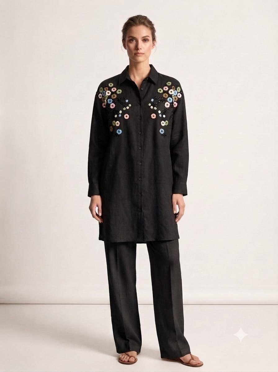 Women Plus size  One Size Floral Embroidered Oversized Shirt