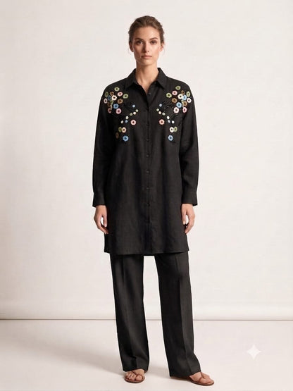 Women Plus size  One Size Floral Embroidered Oversized Shirt