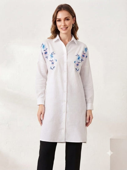 Women Plus size  One Size Floral Embroidered Oversized Shirt