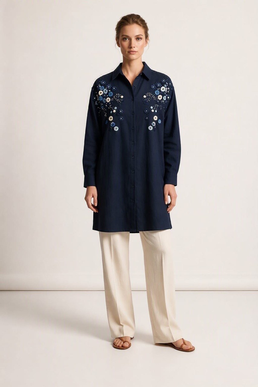 Women Plus size  One Size Floral Embroidered Oversized Shirt