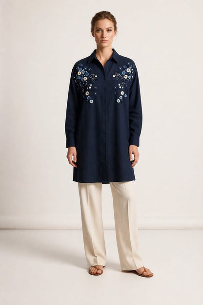 Women Plus size  One Size Floral Embroidered Oversized Shirt