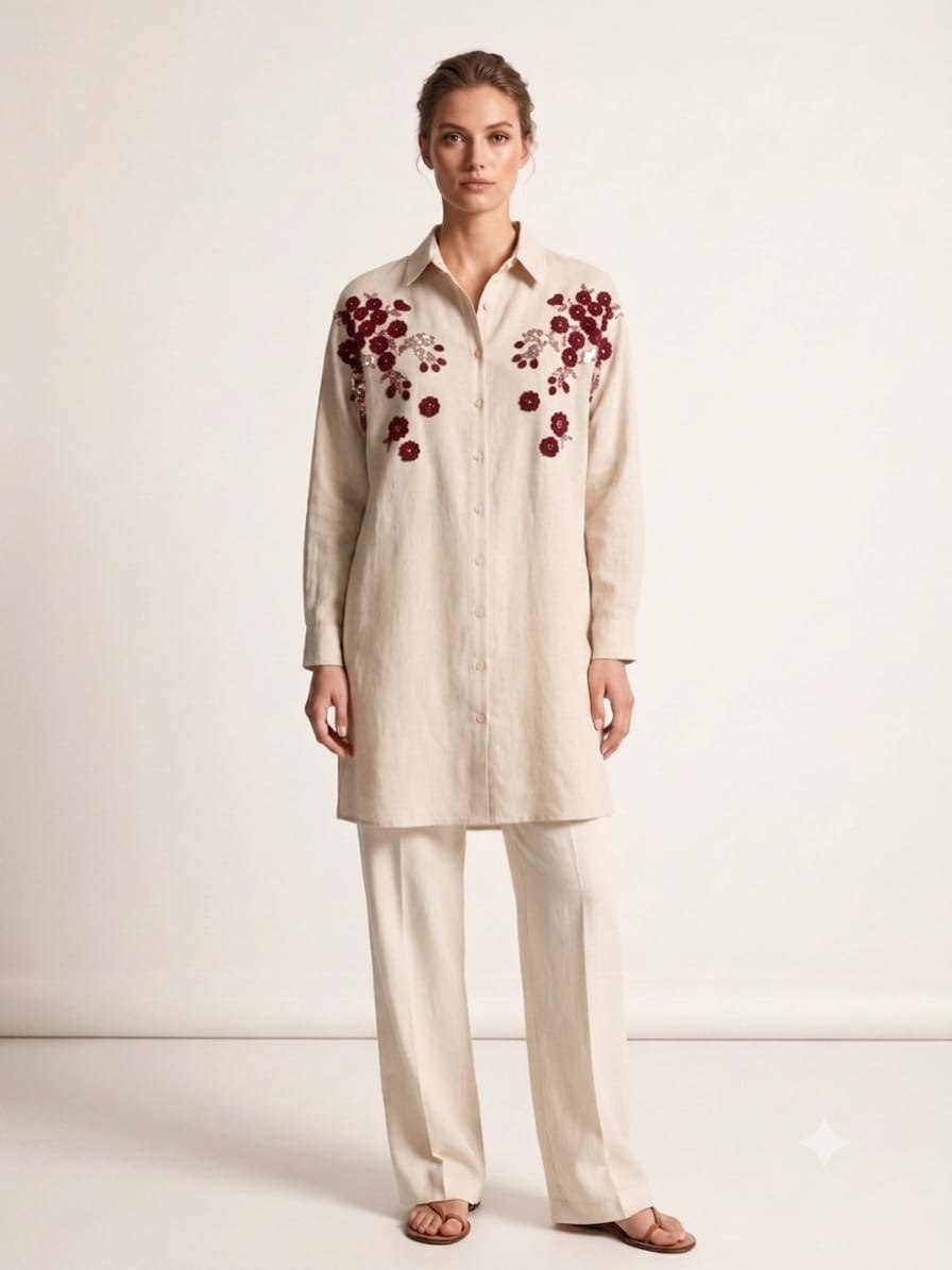 Women Plus size  One Size Floral Embroidered Oversized Shirt