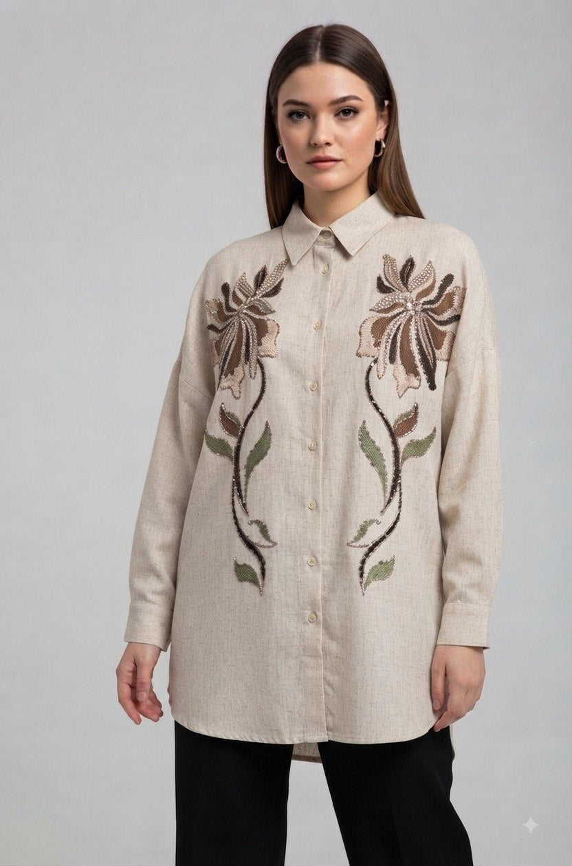Oversized Shirt with Pearl Embroidery