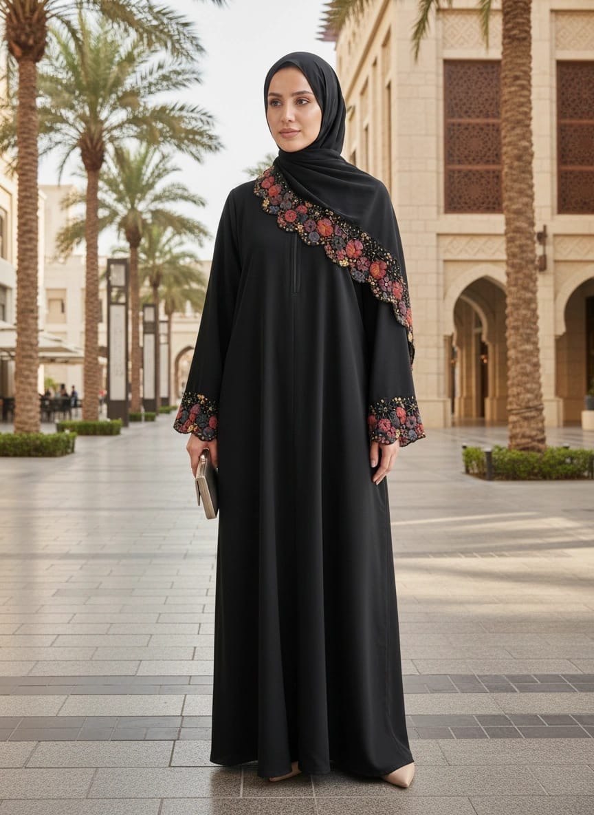 Royal Bloom Autumn Abaya (Made with a slightly heavier fabric for the cooler season )