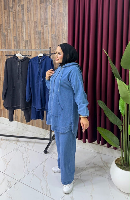 Casual Denim Hoodie Set