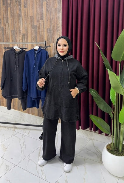 Casual Denim Hoodie Set