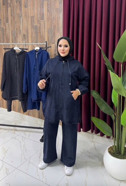 Casual Denim Hoodie Set
