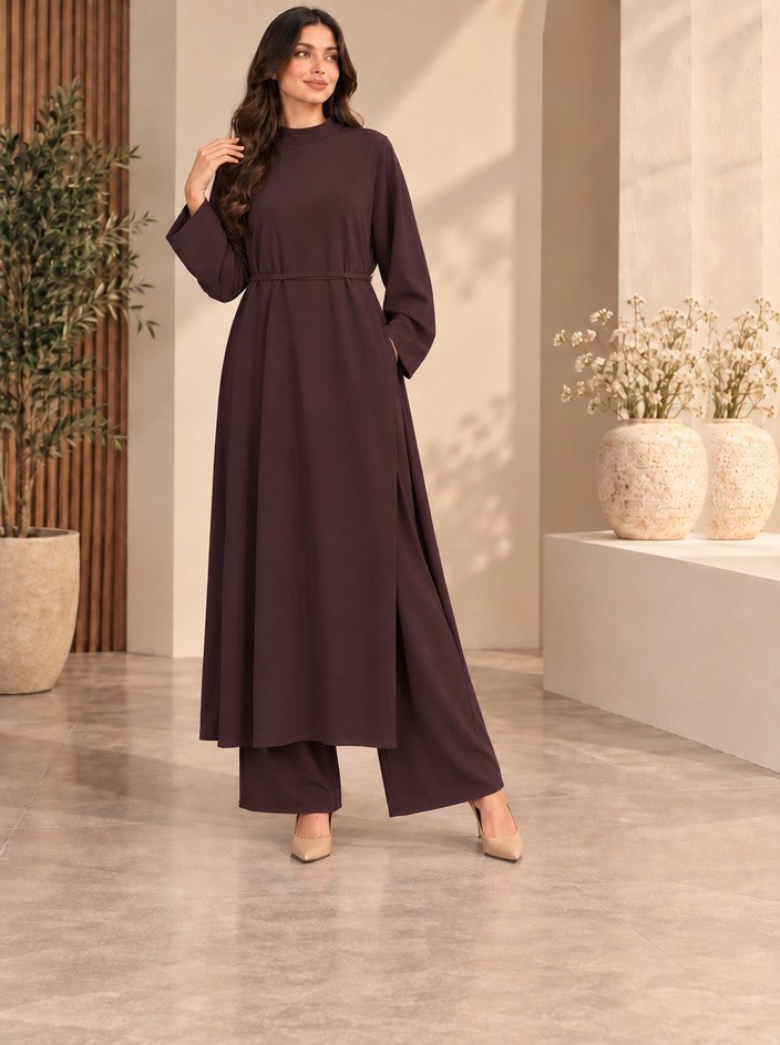 Long Side-Slit Tunic & Wide-Leg Pants with Belt