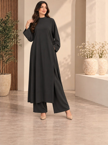 Long Side-Slit Tunic & Wide-Leg Pants with Belt