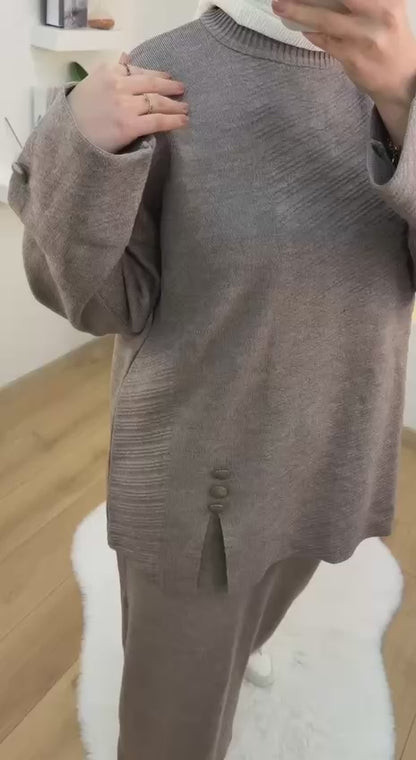 Button-Detail Ribbed Knit Skirt Set