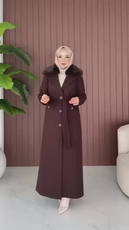 Long Fur-Collar Belted Coat & Flap Pocket