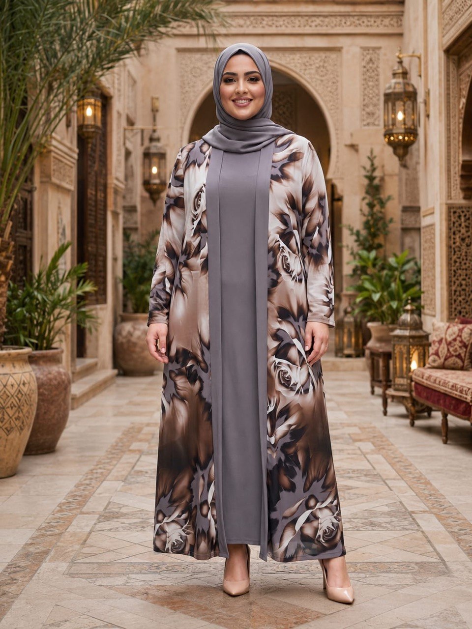 Printed Chiffon Cardigan and Inner Dress Set