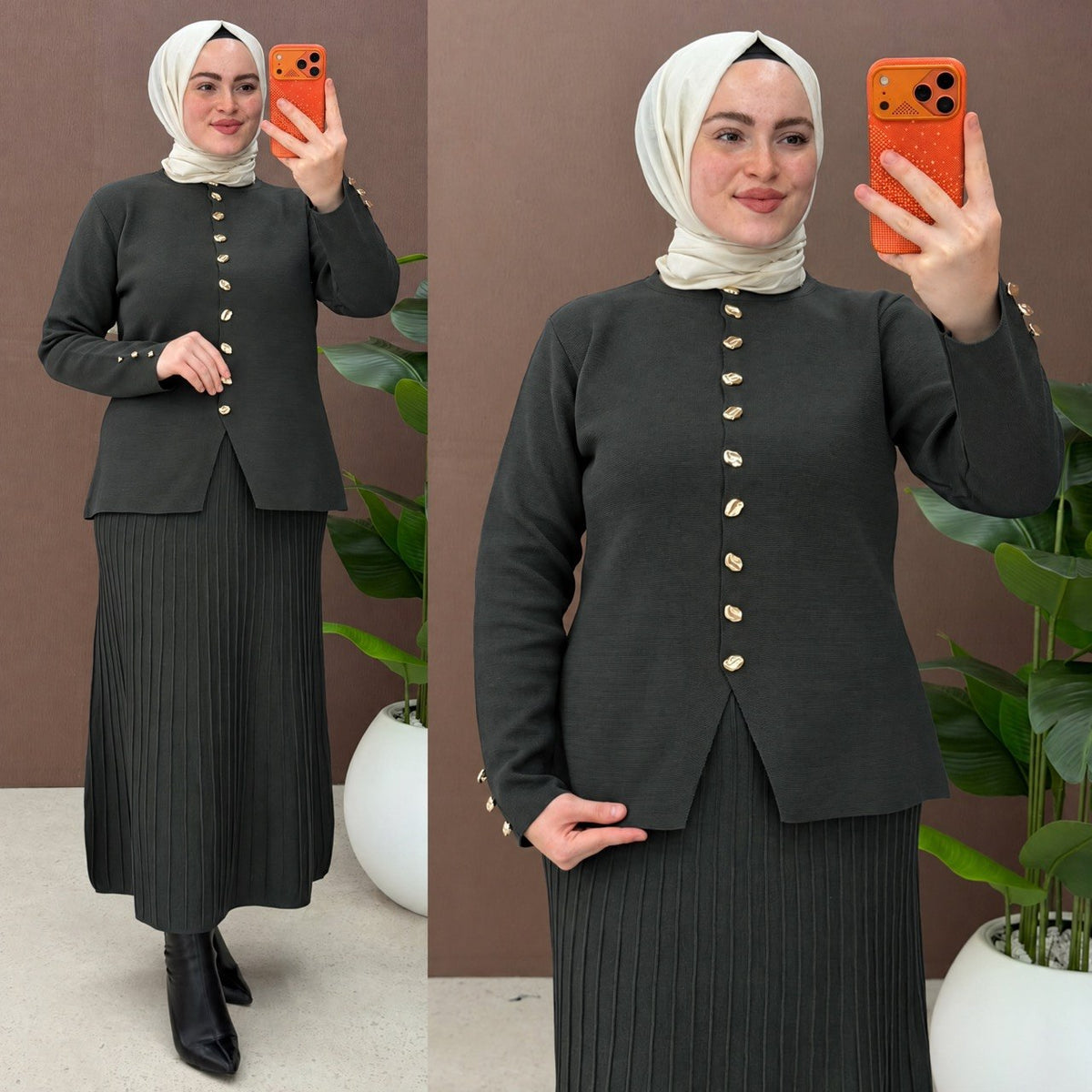 Golden Kiss-Button Skirt Set