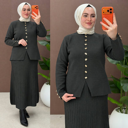 Golden Kiss-Button Skirt Set