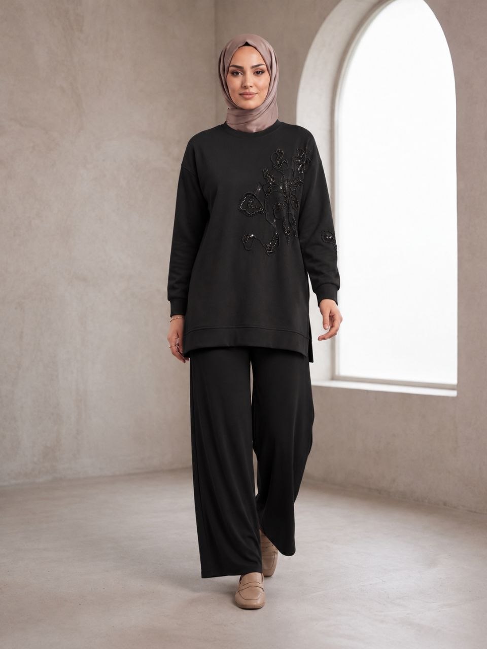 Luxury Floral Embroidered Black Tunic